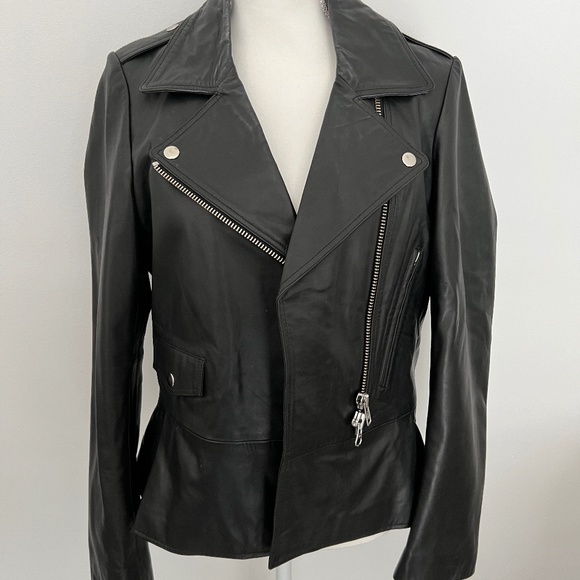 Barneys Black Leather Cropped Biker Jacket Peplum Large - Picture 1 of 10